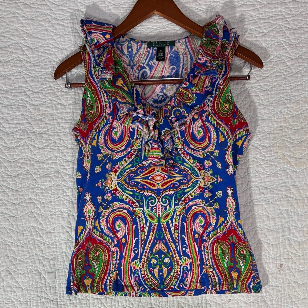 Ralph Lauren Blue Paisley Ruffle Blouse - Picture 1 of 6